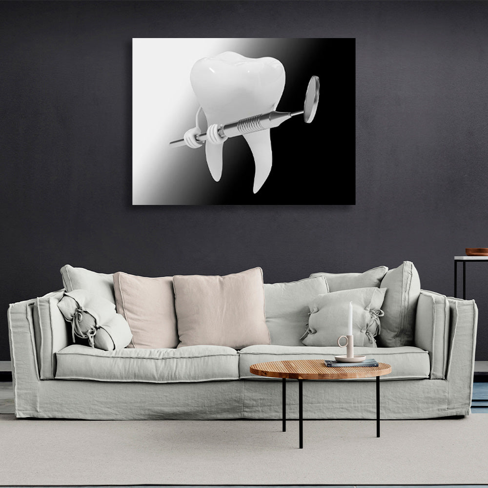 A white tooth with a dental instrument in his hands Canvas Wall Art Print