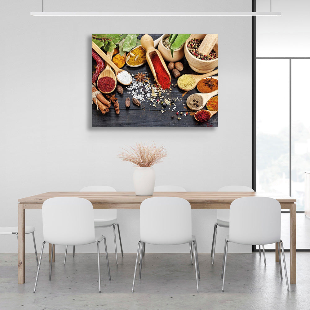 Spoon spices and savories into wooden bowls Canvas Wall Art Print For Kitchen