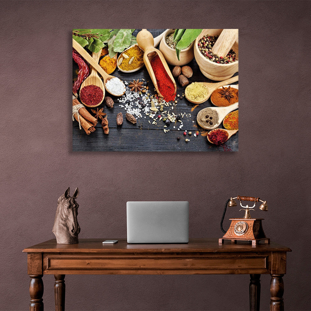 Spoon spices and savories into wooden bowls Canvas Wall Art Print For Kitchen