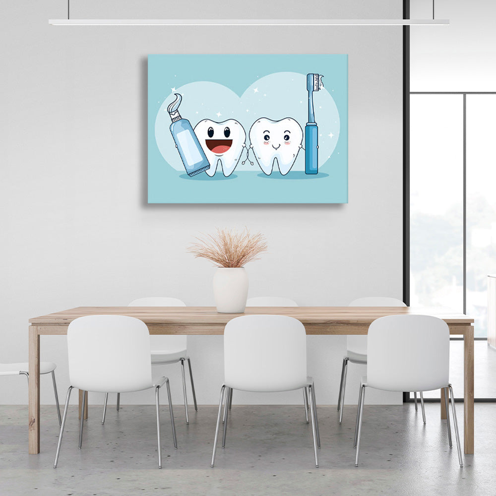 Two white teeth on a soft blue background Canvas Wall Art Print