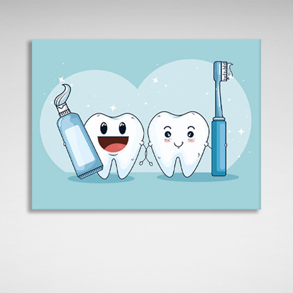 Two white teeth on a soft blue background Canvas Wall Art Print