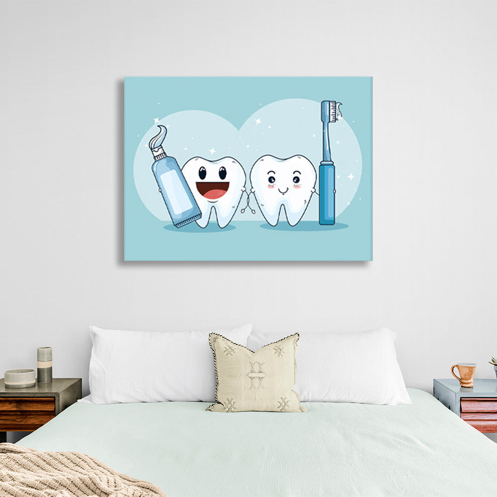 Two white teeth on a soft blue background Canvas Wall Art Print