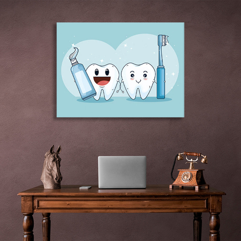 Two white teeth on a soft blue background Canvas Wall Art Print