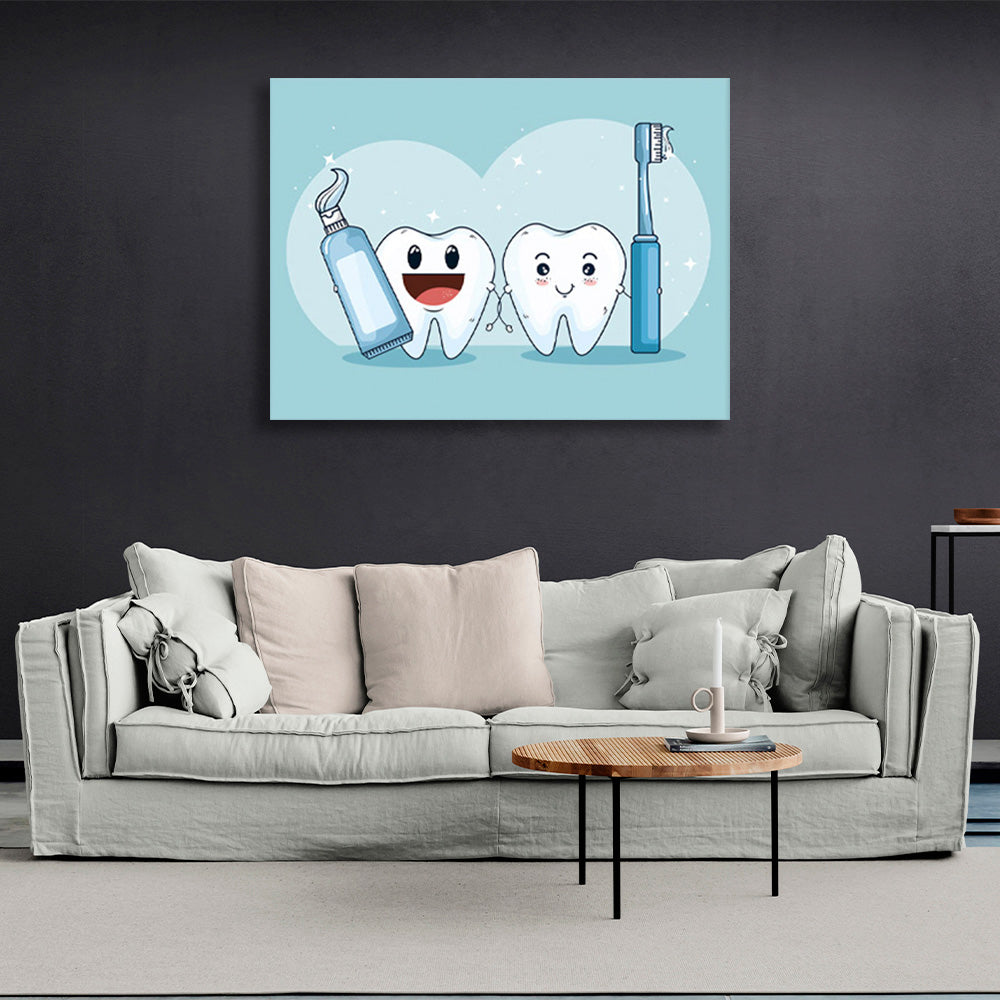 Two white teeth on a soft blue background Canvas Wall Art Print