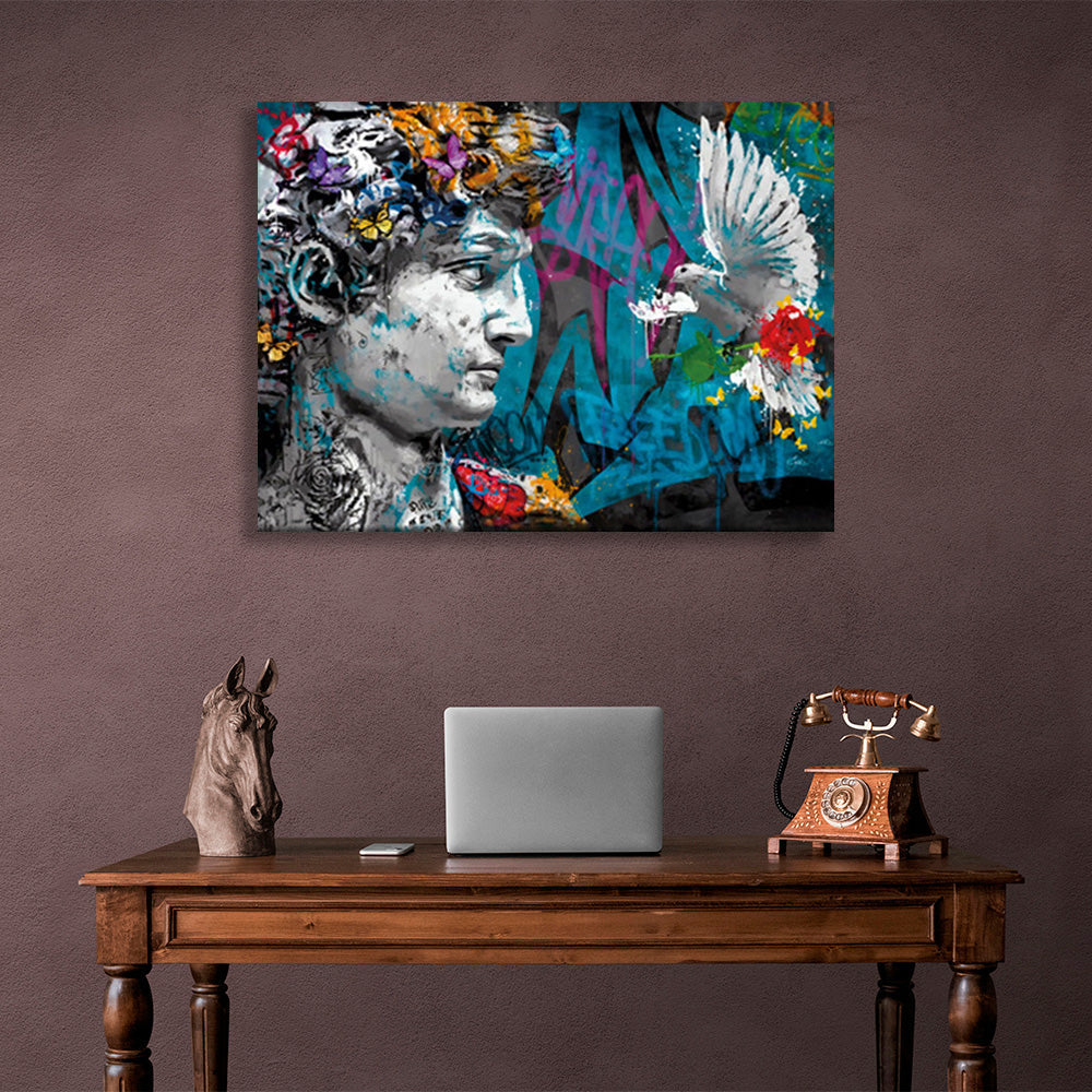 A Greek sculpture and a dove with a rose Canvas Wall Art Print