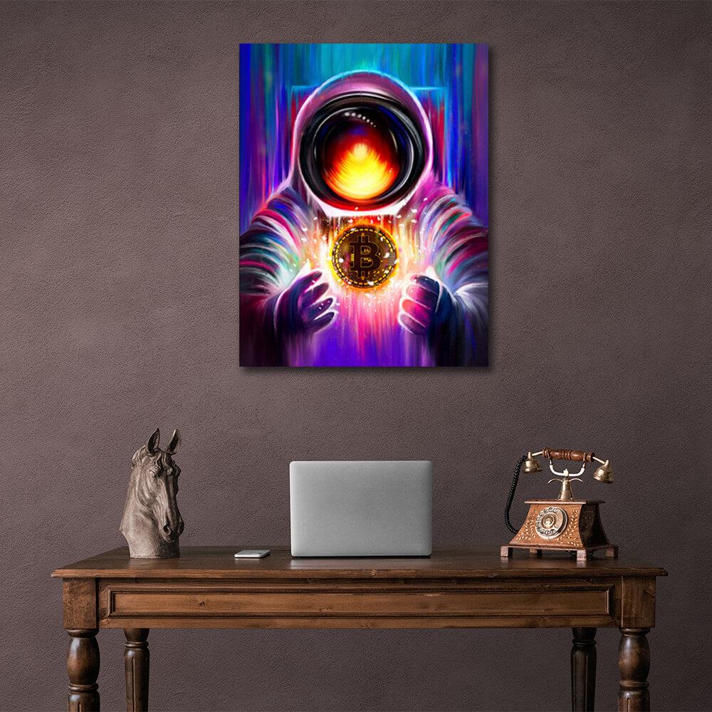 Cosmonaut and Bitcoin coin Motivational Canvas Wall Art Print