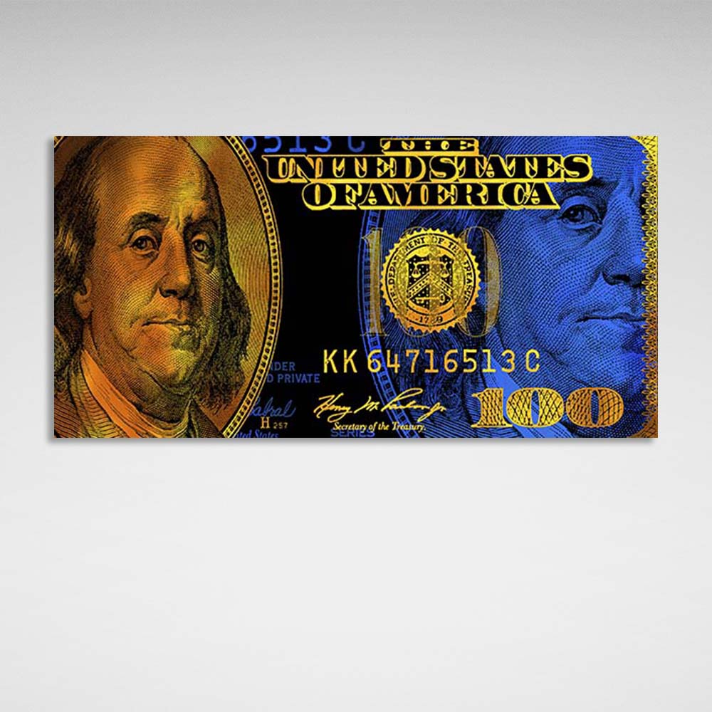 Inspirierender Leinwand-Kunstdruck „100 Dollar“ in Blau und Gold