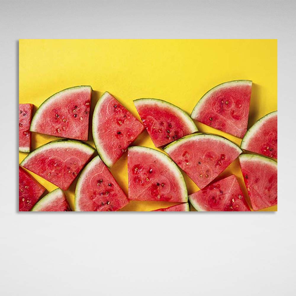 Canvas Wall Art Print For Kitchen Sliced watermelon on a yellow background