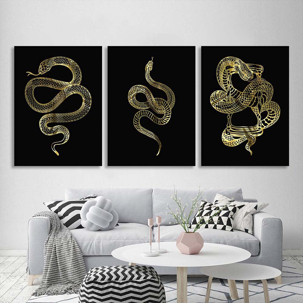 Multi Panel Canvas Wall Art Print Golden snakes on a black background