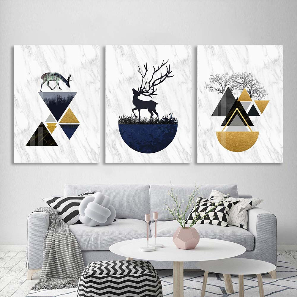 Multi Panel Canvas Wall Art Print Painting on canvas on the wall modular Deer on the background of geometric abstraction