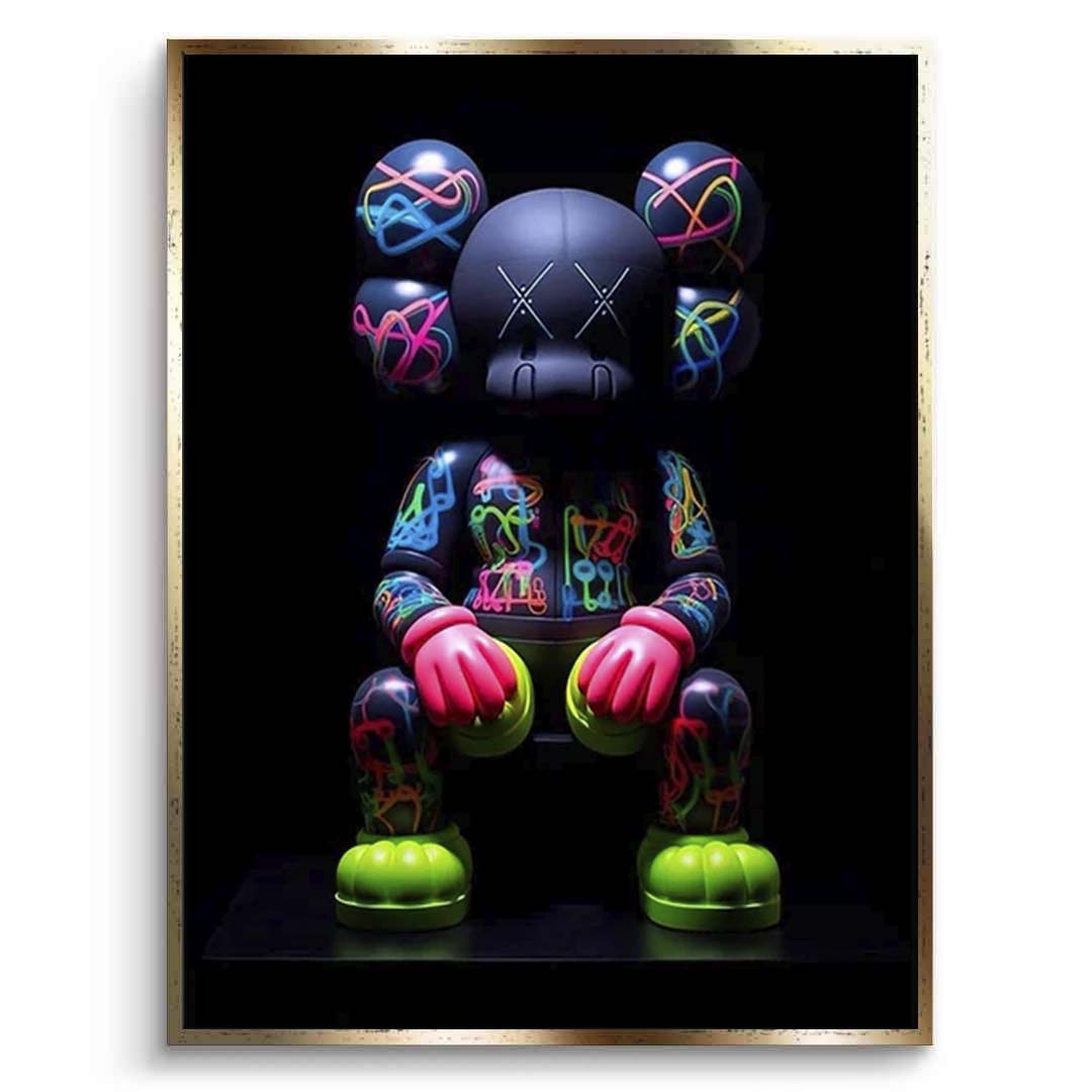 KAWS Neon Bearbrick Figure Canvas Wall Art - Bold Street Art Style Print for Modern Home Decor
