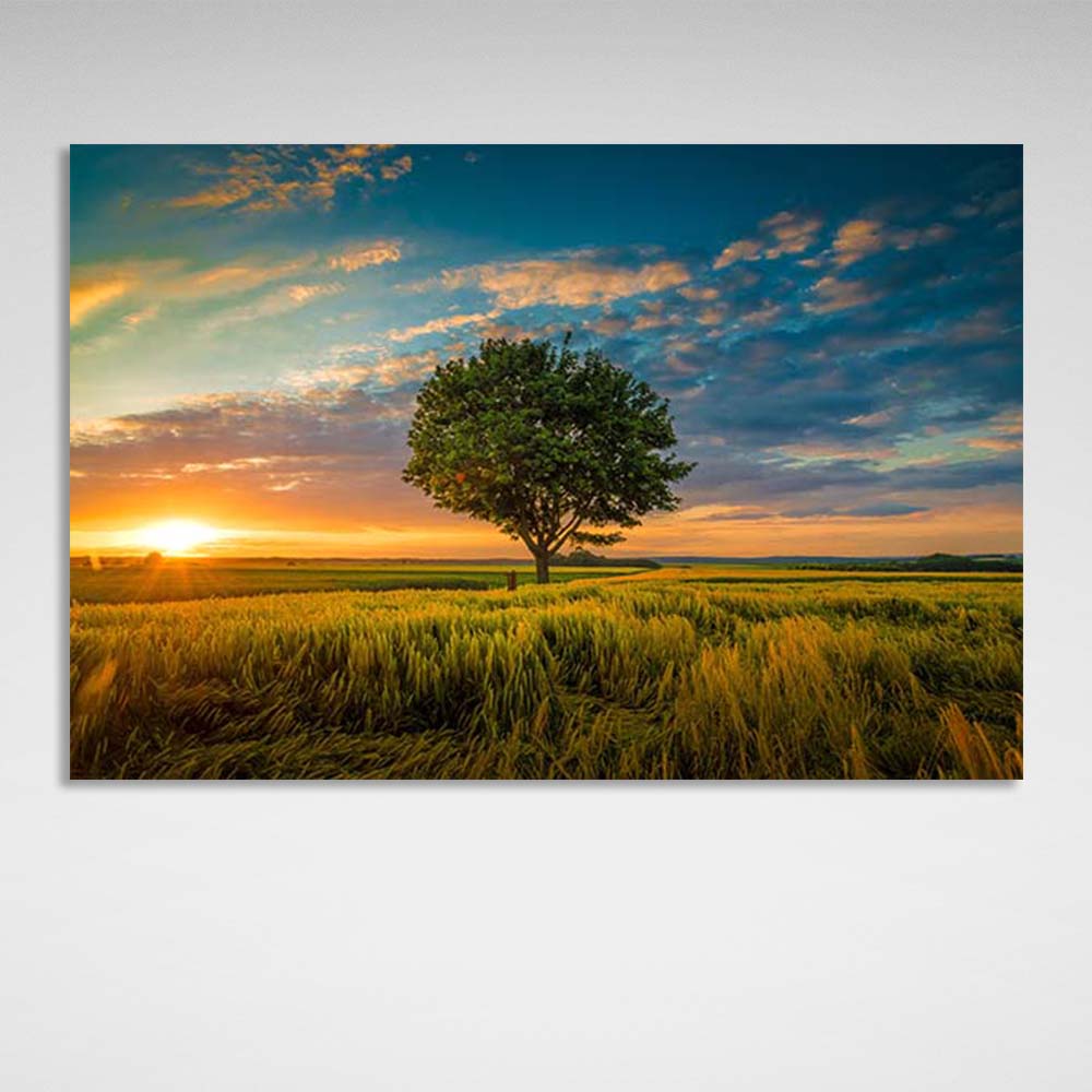 Canvas Wall Art Print Tree in the middle of a field at sunset