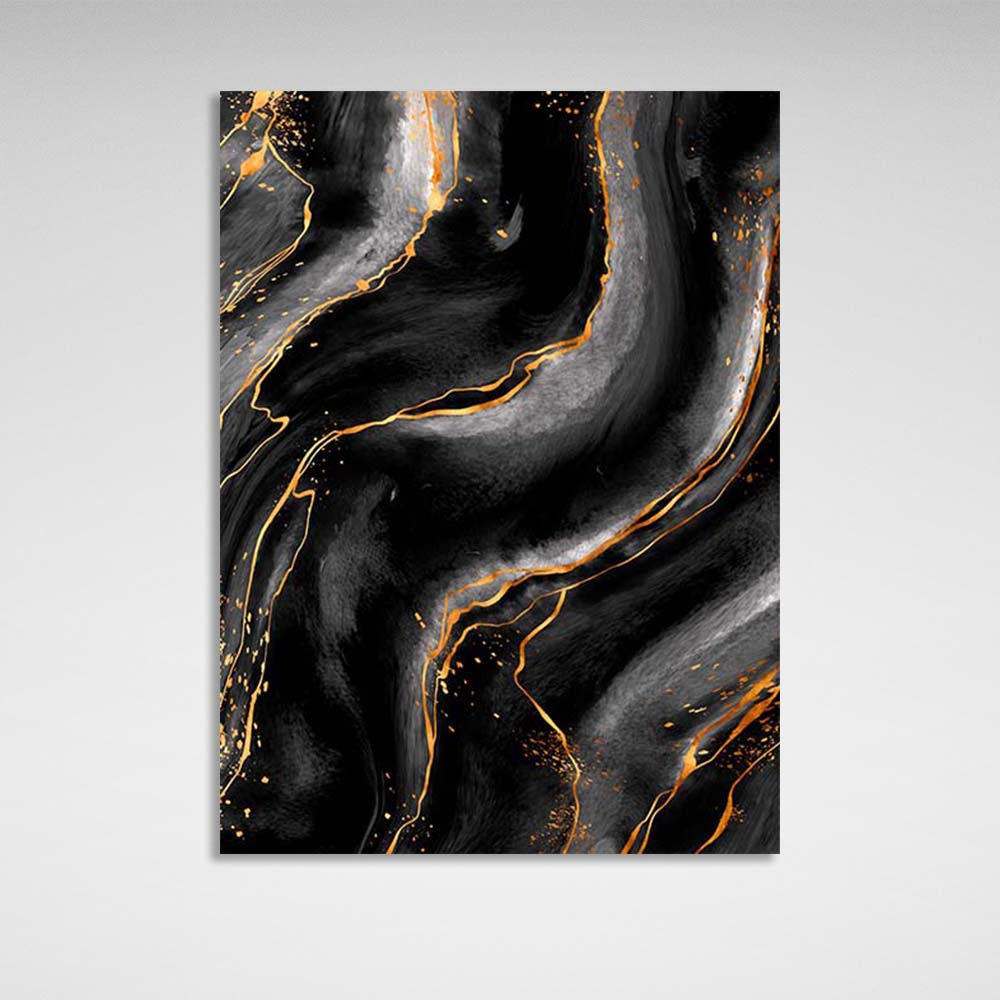 Abstraction Canvas Wall Art Print Black and white marble with gold