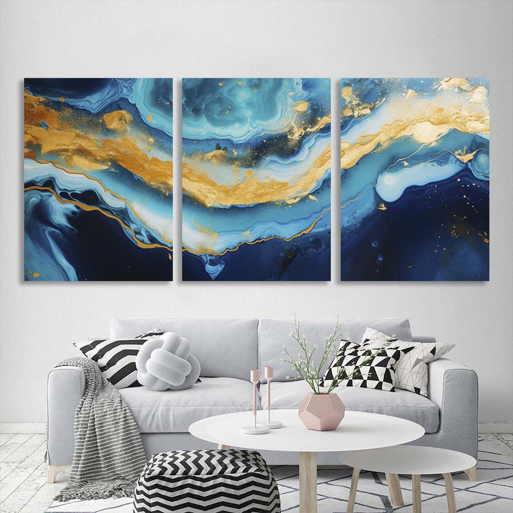 Multi Panel Canvas Wall Art Print Blue marble with gold