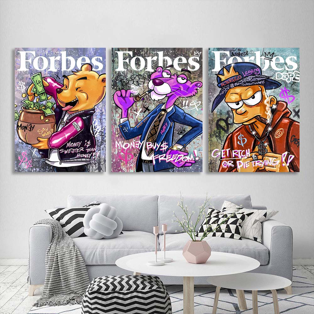 Mehrteiliger Kunstdruck auf Leinwand, Zeichentrickfiguren auf dem Cover des Forbes