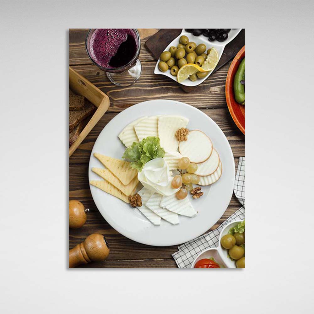 Canvas Wall Art Print For Kitchen Cheese spread with red wine