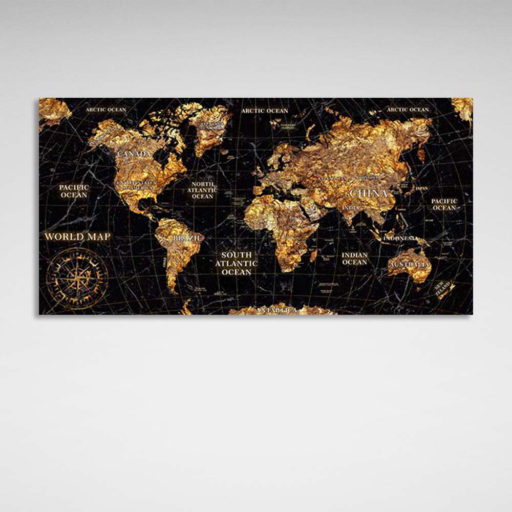 Leinwandbild, Wandbild, Karte der Neuen Welt, schwarz mit Gold 2