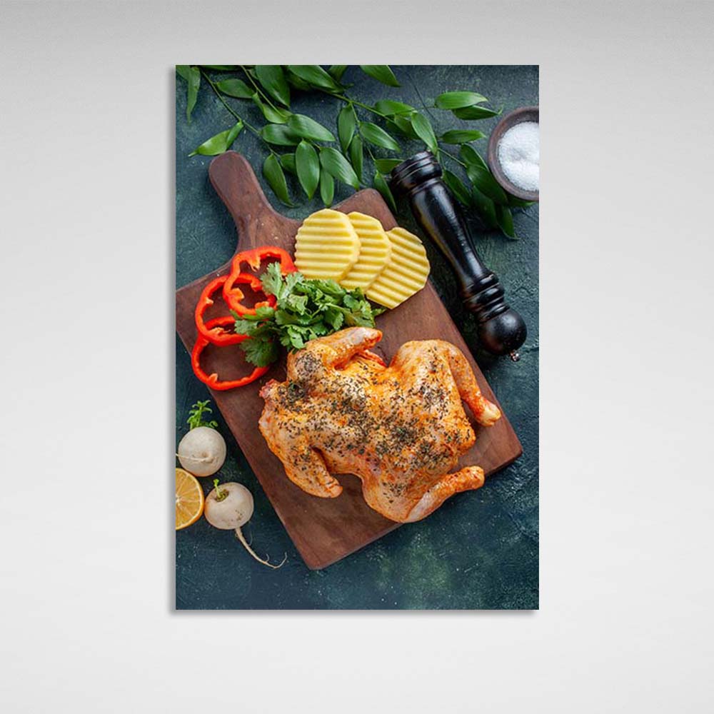 Canvas Wall Art Print For Kitchen Grilled chicken with vegetables on a board 2