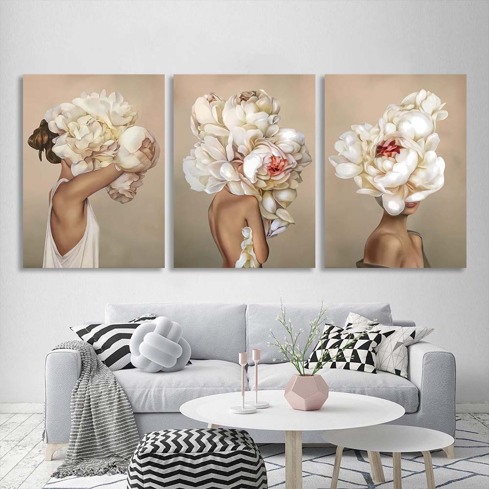 Girls with flowers on their heads on a beige background Canvas Wall Art Print