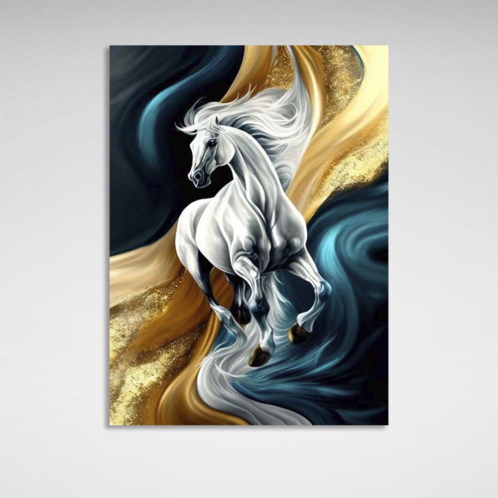 Canvas Wall Art Print White horse on blue-gold background