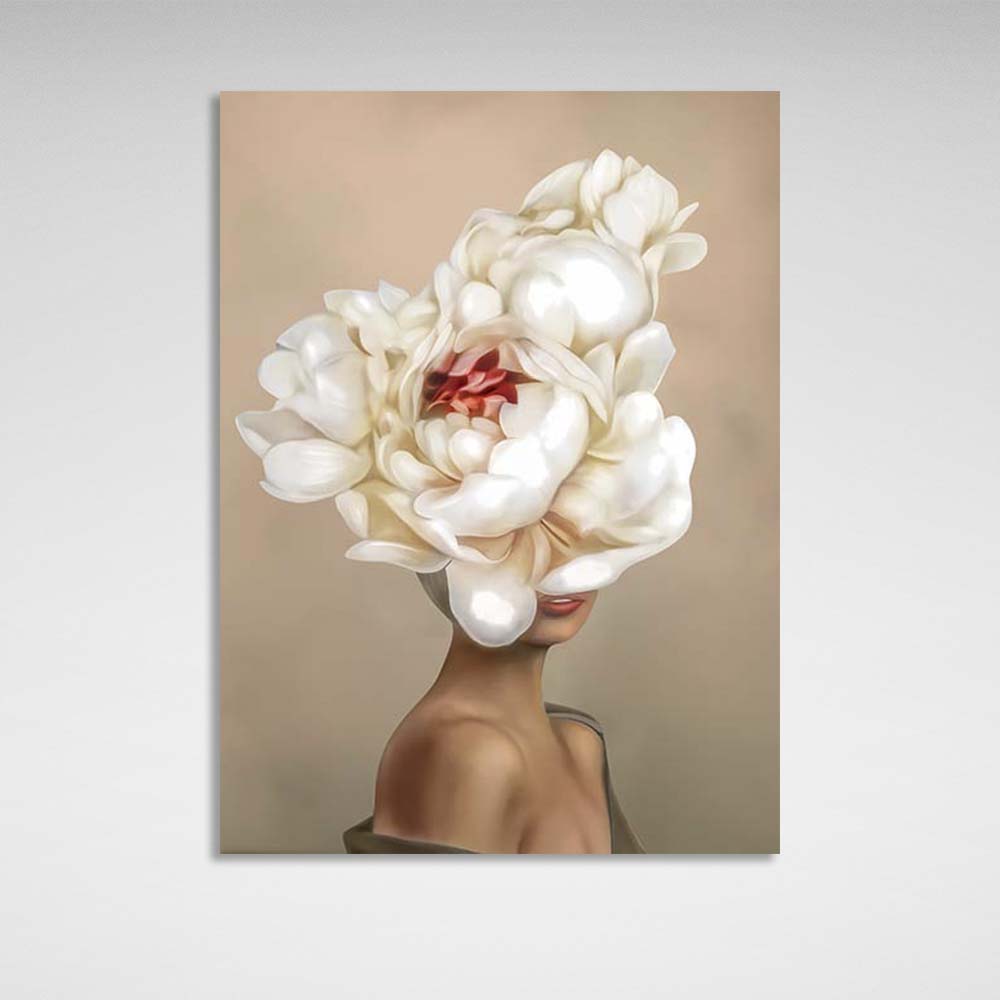 Girl with flowers on her head on beige background Canvas Wall Art Print