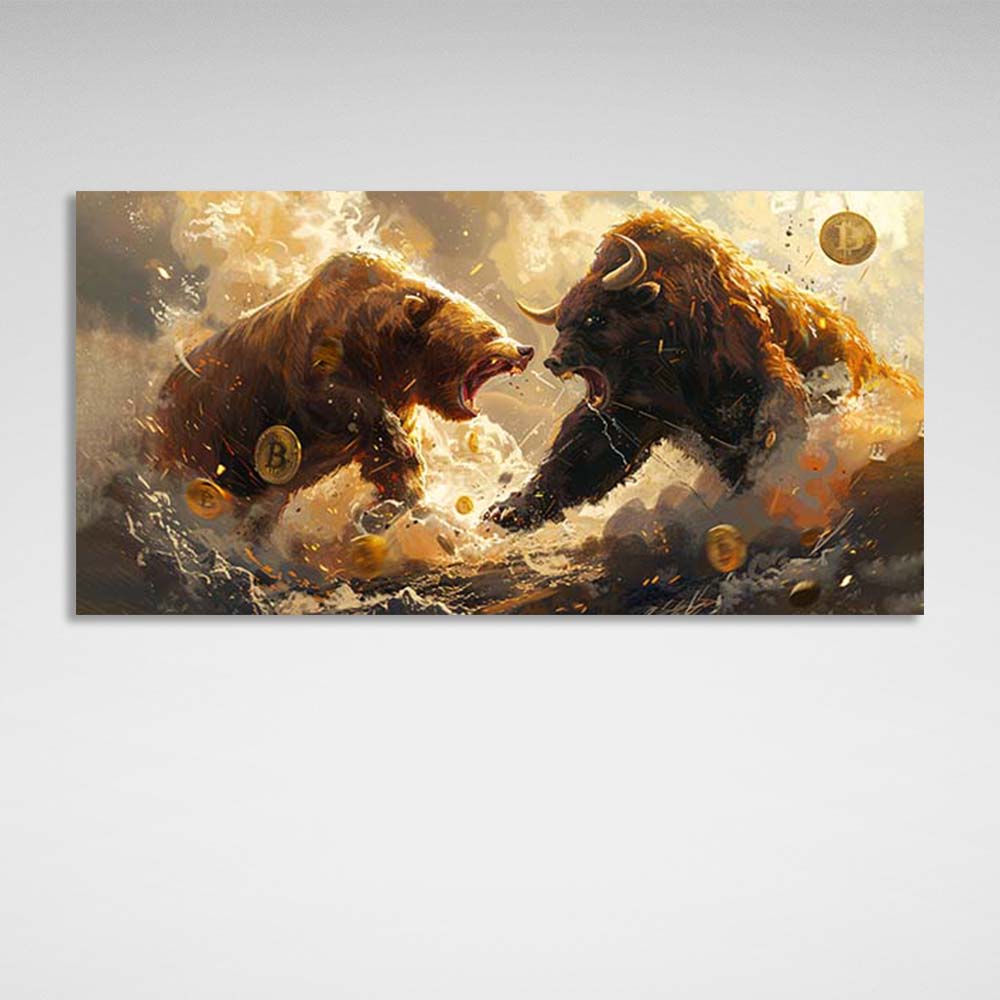 Inspirierender Kunstdruck auf Leinwand, Motiv: Bulle vs. Bär