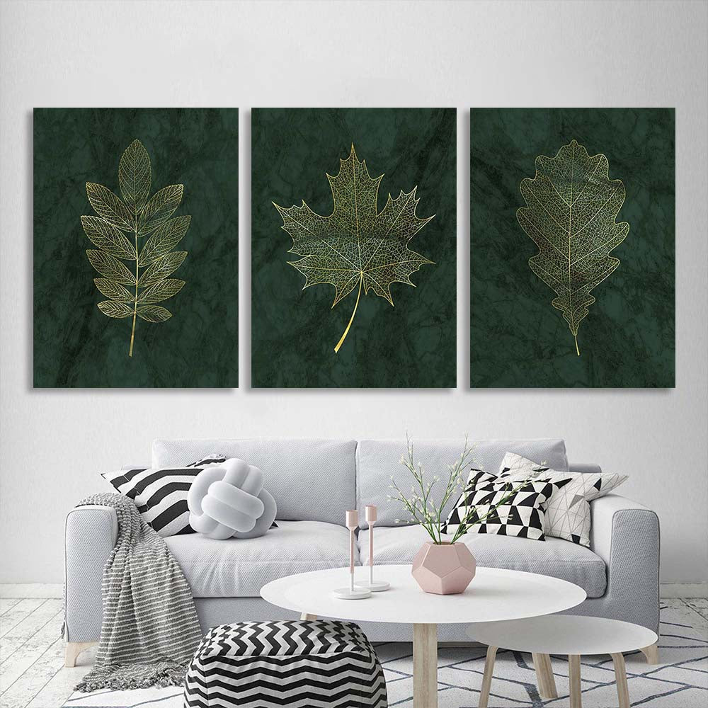 Multi Panel Canvas Wall Art Print Golden leaves on dark green background