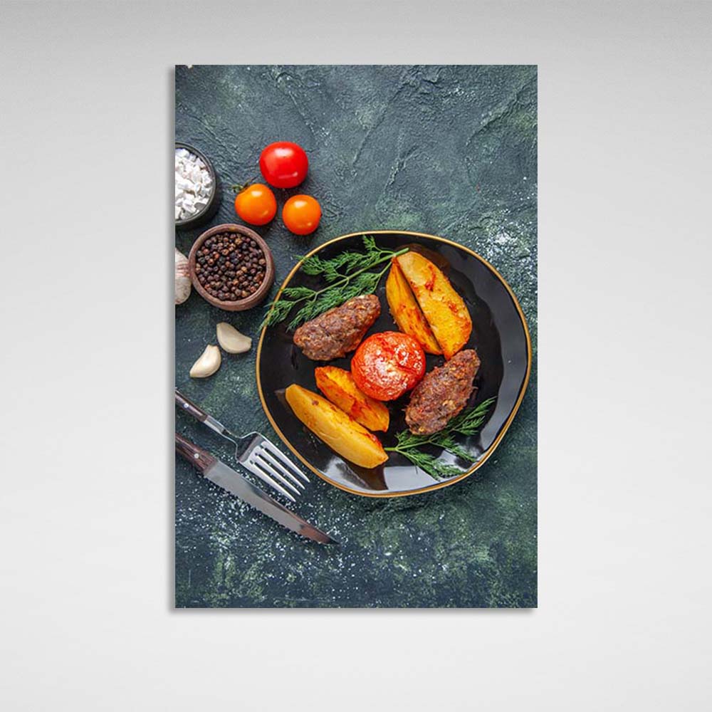 Canvas Wall Art Print For Kitchen Steak with grilled vegetables