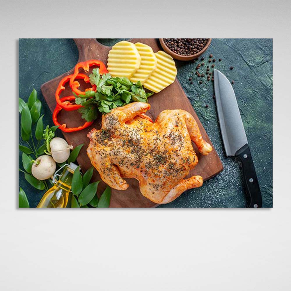 Canvas Wall Art Print For Kitchen Grilled chicken with vegetables on a board horizontal 2