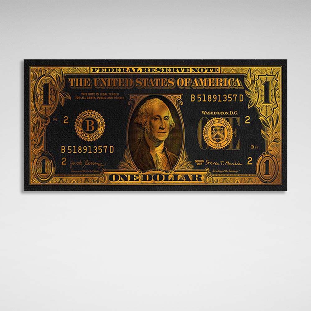 Inspirierender Kunstdruck auf Leinwand, Ein Dollar in Goldfarbe