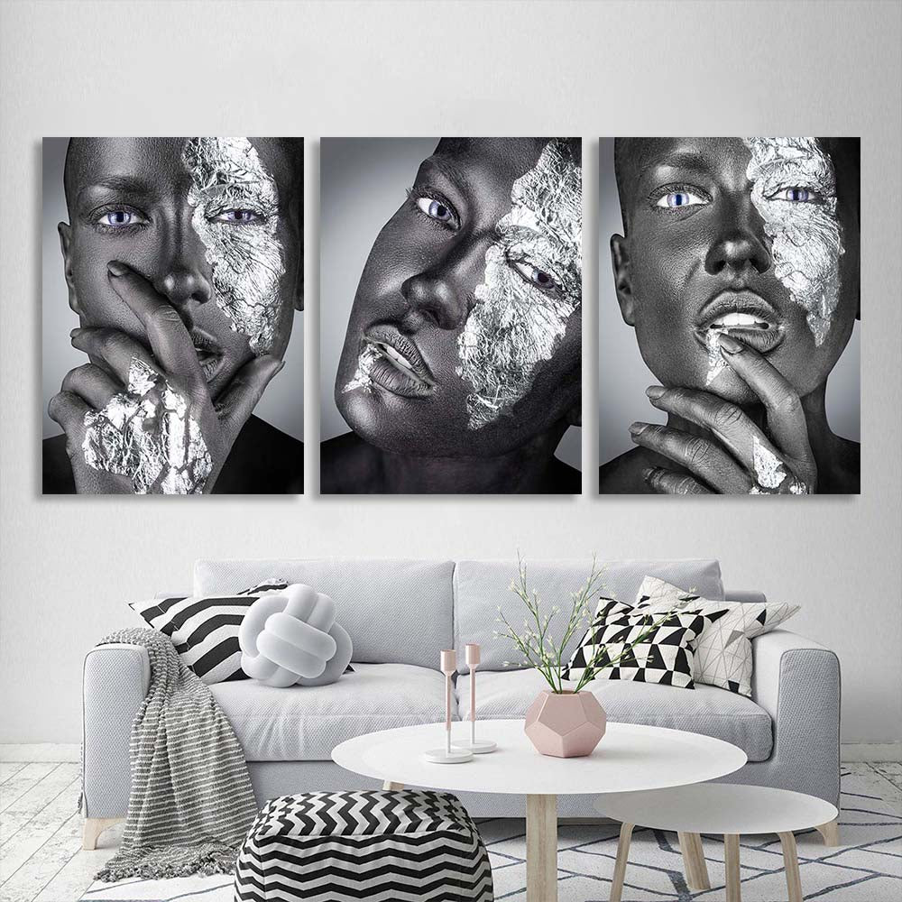 Three-piece modular Blue-eyed woman Canvas Wall Art Print