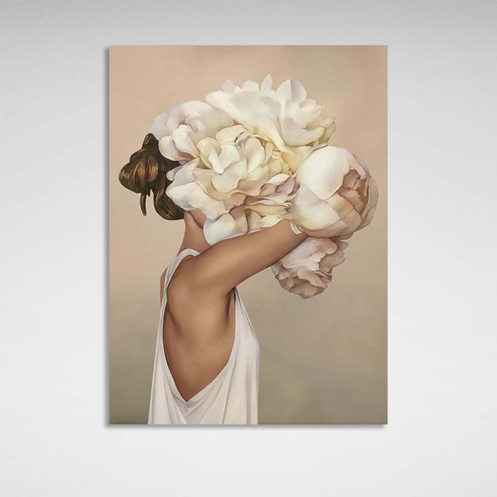 Girl with flowers on her head on light background Canvas Wall Art Print