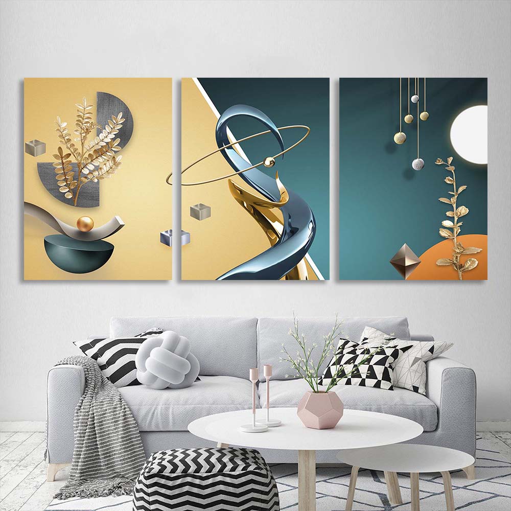 Multi Panel Canvas Wall Art Print Blue-gold abstraction