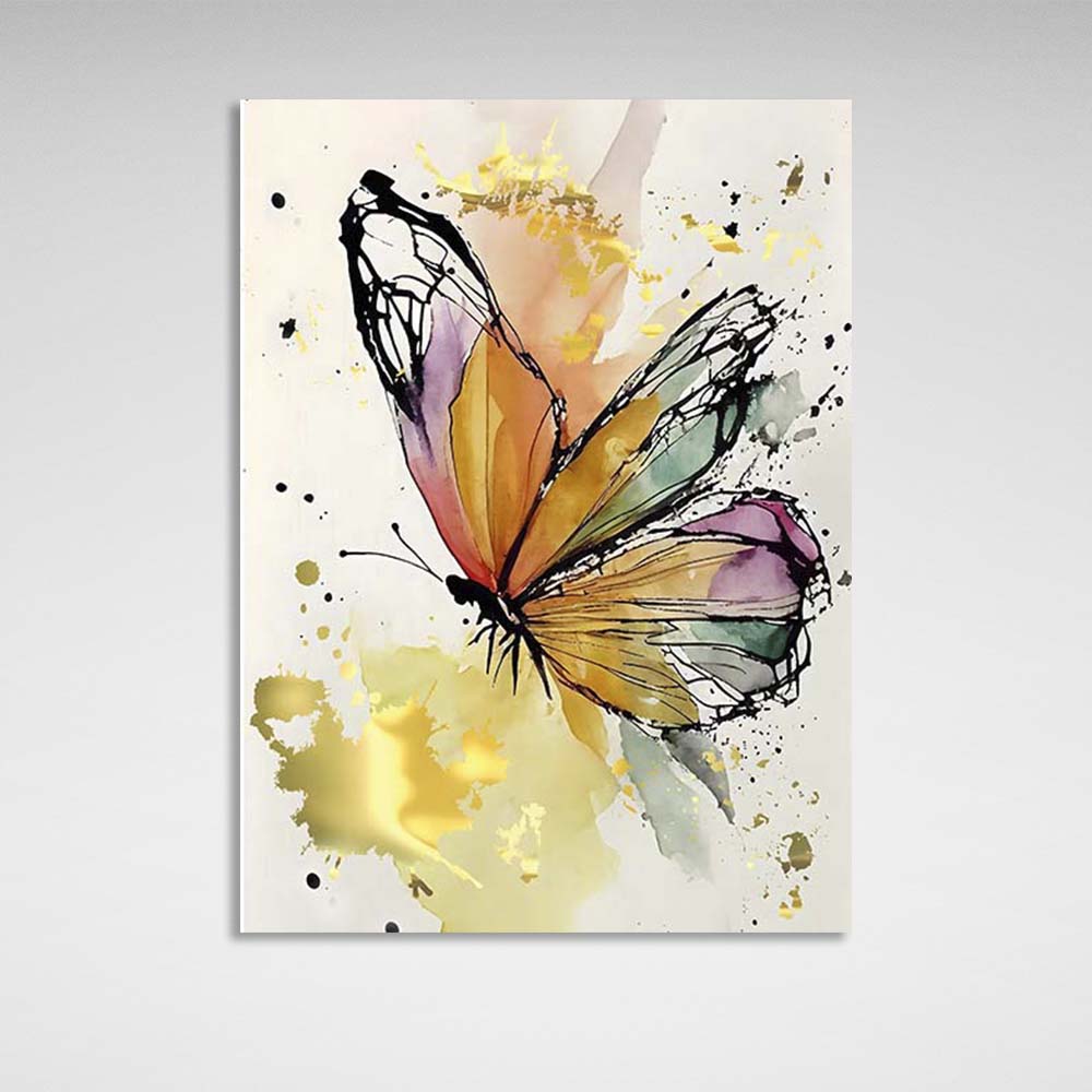 Kunstdruck auf Leinwand, Motiv: Goldener Aquarell-Schmetterling