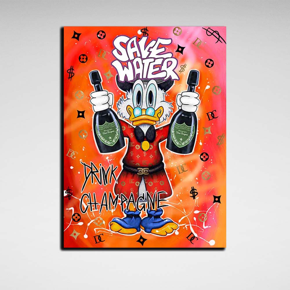 Scrooge graffiti street art save the water, drink the champagne Motivational Canvas Wall Art Print