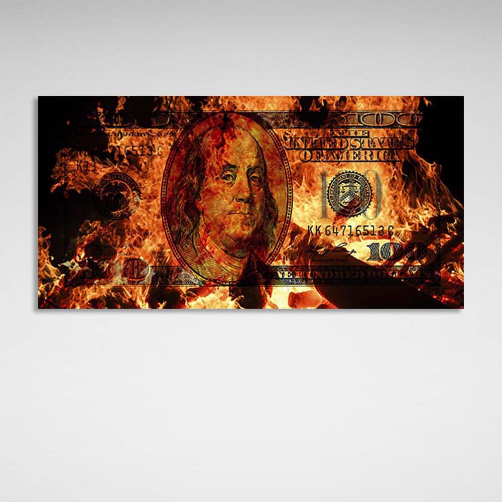 Inspirierender Kunstdruck auf Leinwand, 100 Dollar in Flammen