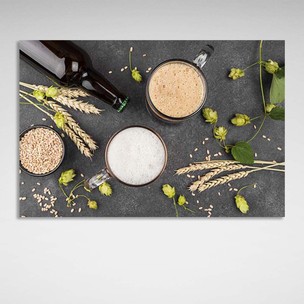 Canvas Wall Art Print For Kitchen 2 mugs of beer, hops and malt