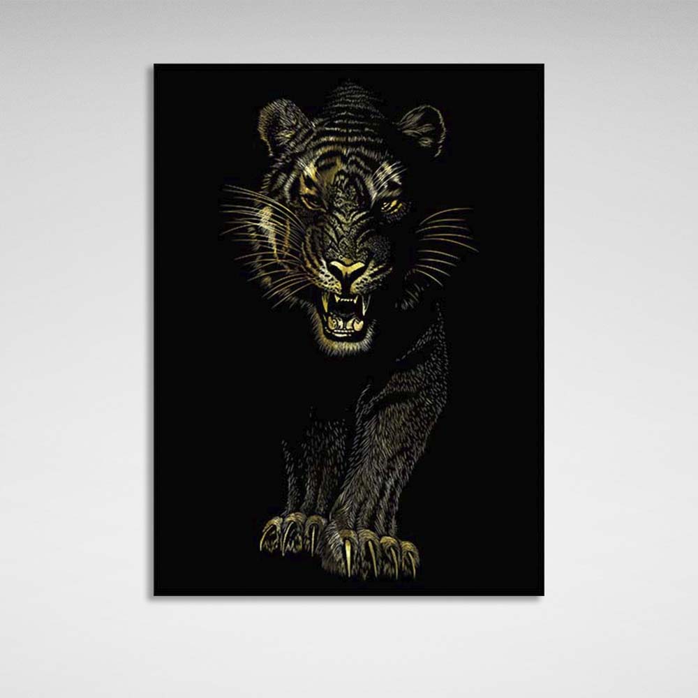 Canvas Wall Art Print Golden tiger on black background