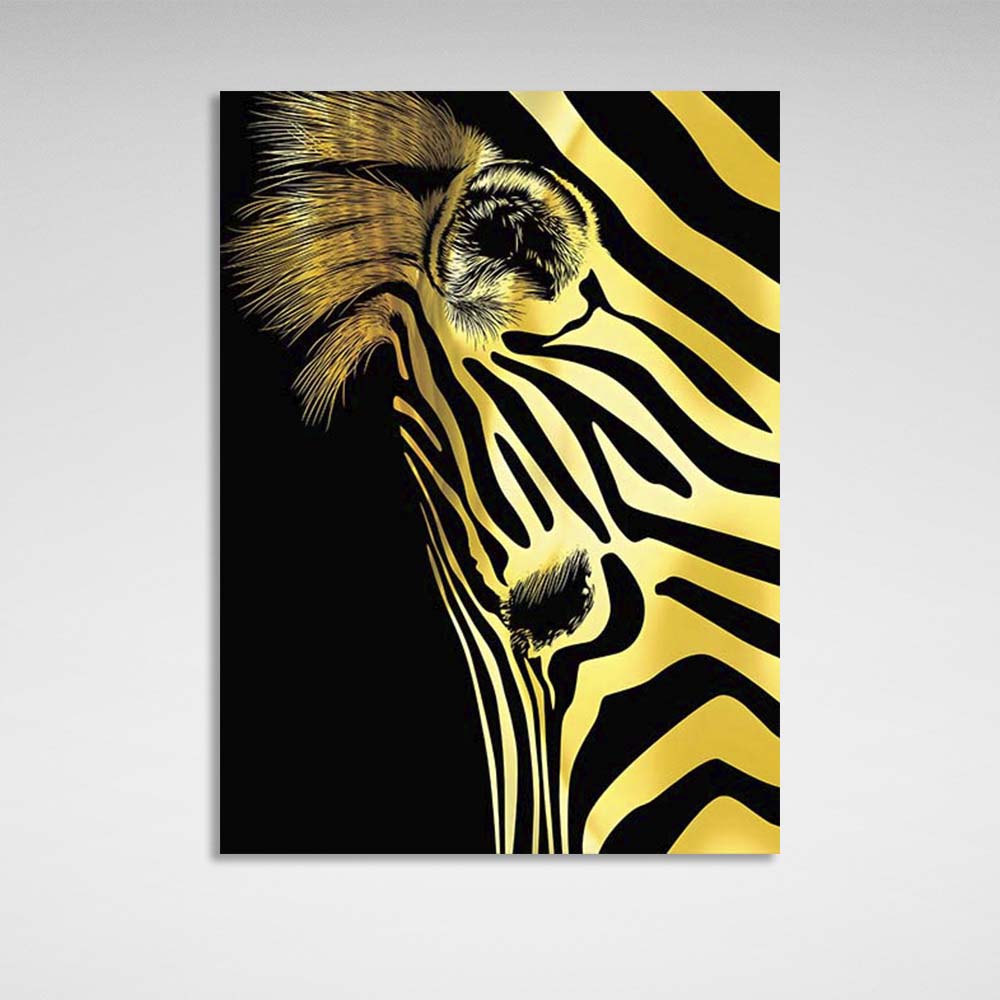 Canvas Wall Art Print Gold zebra head on black background