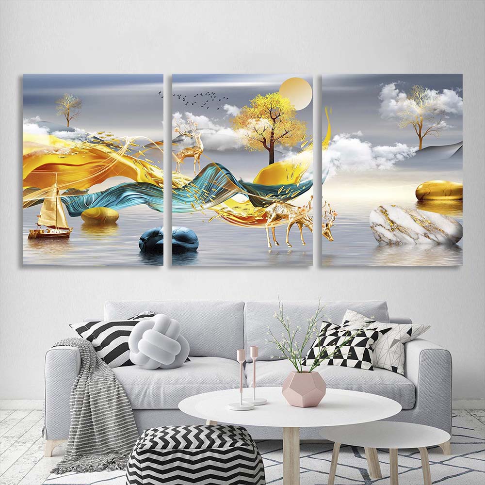 Multi Panel Canvas Wall Art Print Golden deer on the background of hills