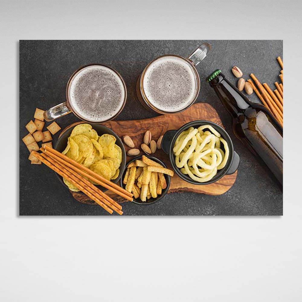 Canvas Wall Art Print For Kitchen Two mugs of beer and snacks