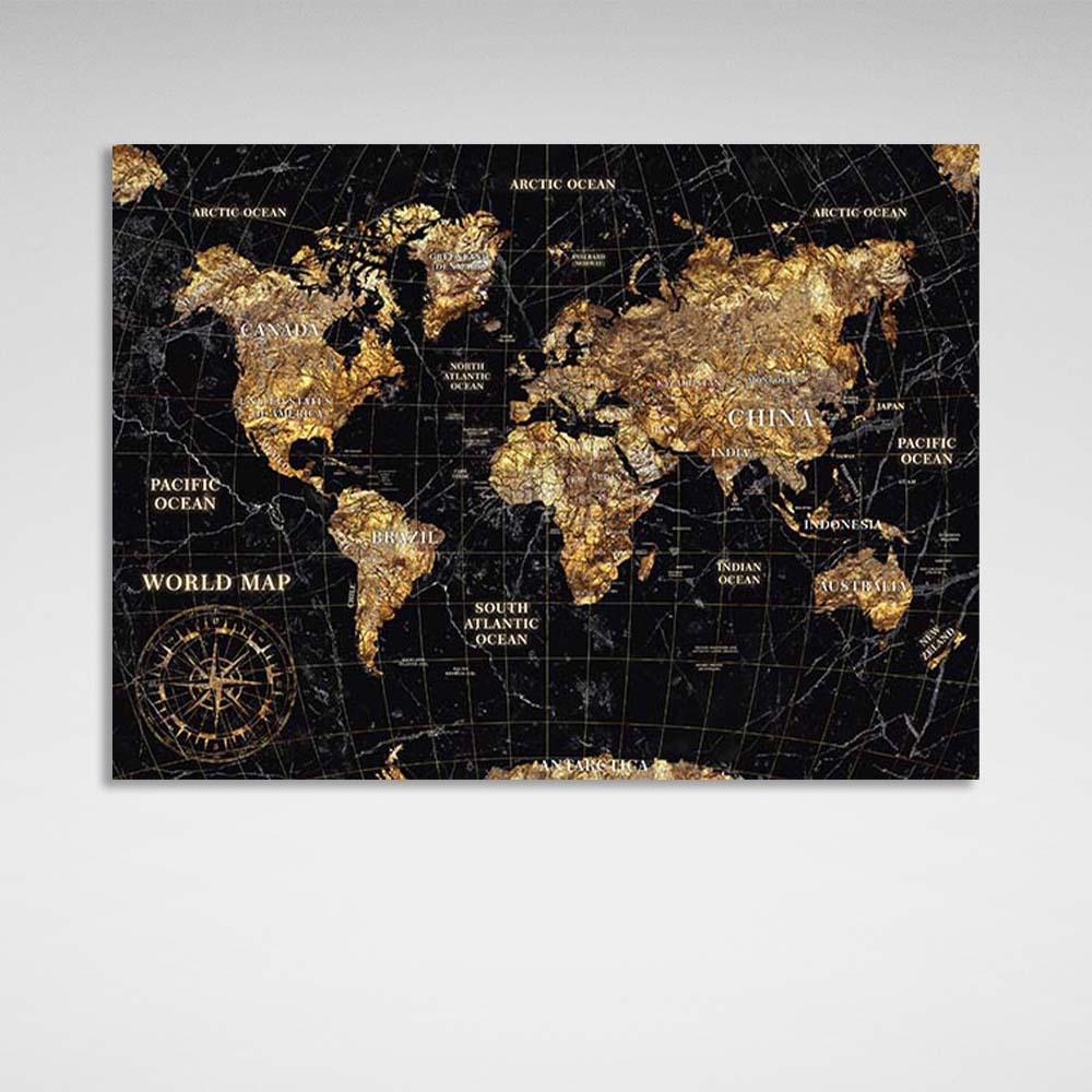 Canvas Wall Art Print Map of the New World black with gold