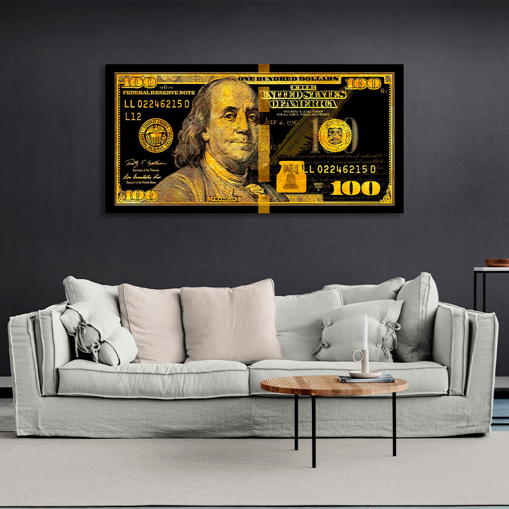 100 Dollar Schein Schwarz und Gold Motivierender Leinwand-Kunstdruck