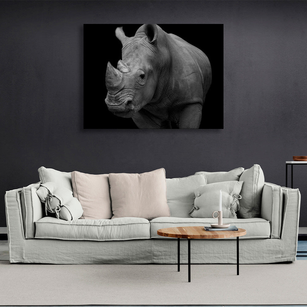 Kunstdruck auf Leinwand, Motiv: Nashorn auf schwarzem Hintergrund