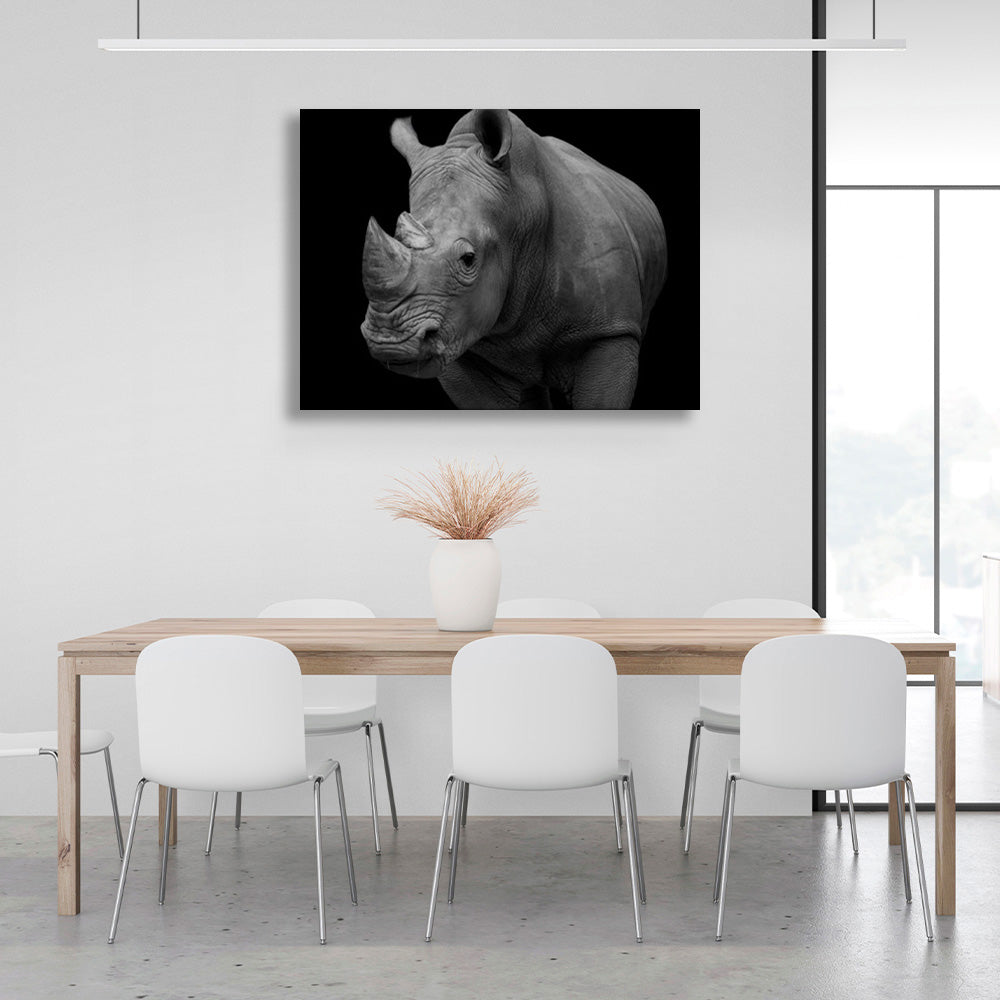 Kunstdruck auf Leinwand, Motiv: Nashorn auf schwarzem Hintergrund