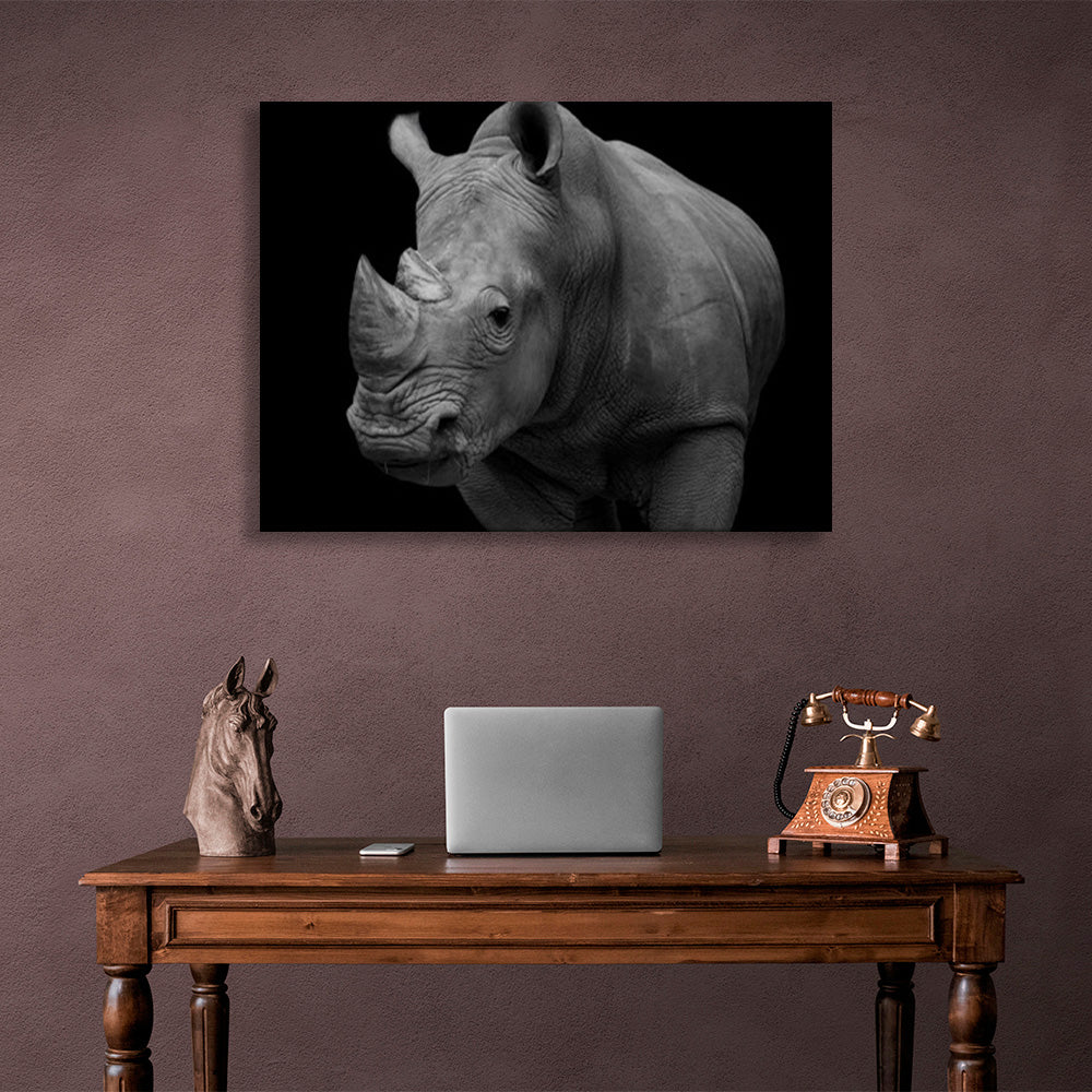 Kunstdruck auf Leinwand, Motiv: Nashorn auf schwarzem Hintergrund