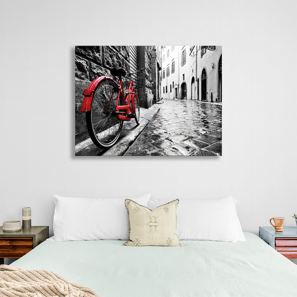 Black and white coloring of the street with a bright red bicycle Canvas Wall Art Print