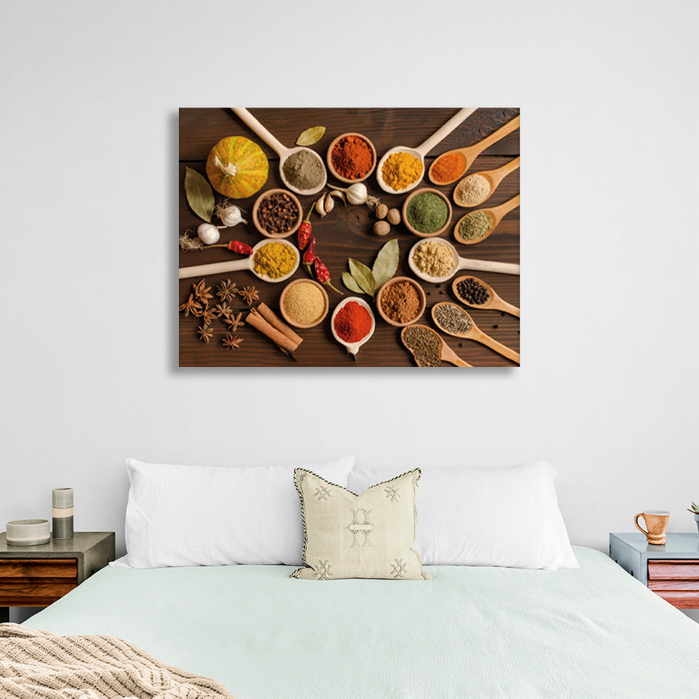 Spoons with a variety of spices are displayed in a circle Canvas Wall Art Print For Kitchen