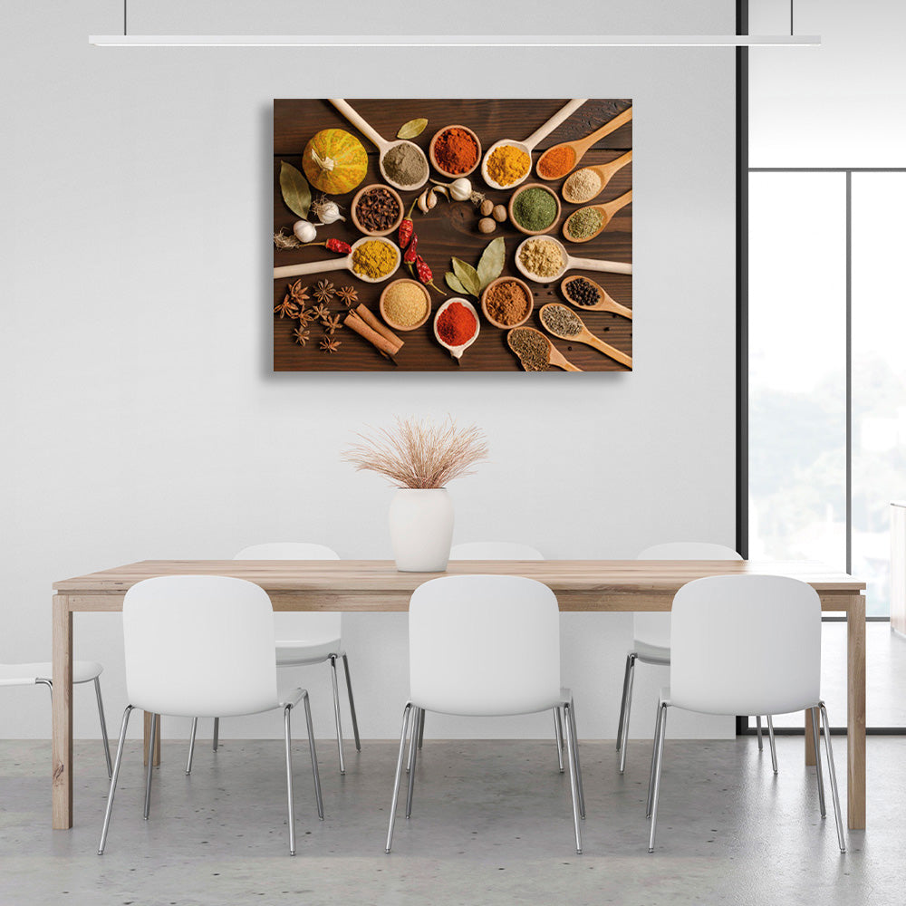 Spoons with a variety of spices are displayed in a circle Canvas Wall Art Print For Kitchen