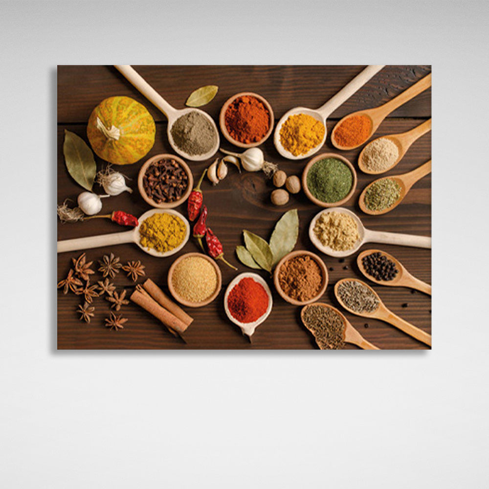 Spoons with a variety of spices are displayed in a circle Canvas Wall Art Print For Kitchen